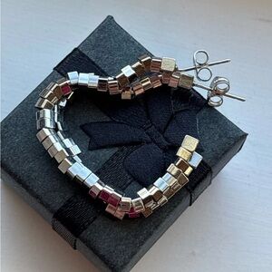 Pretty Bird Silver Open Heart Hoop Earrings, Geometric Beaded Modern (WG Plated)
